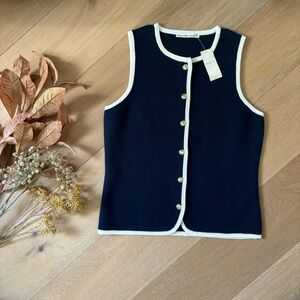 NWT Abercrombie Sweater vest cardigan Navy with contrast trim gold buttons